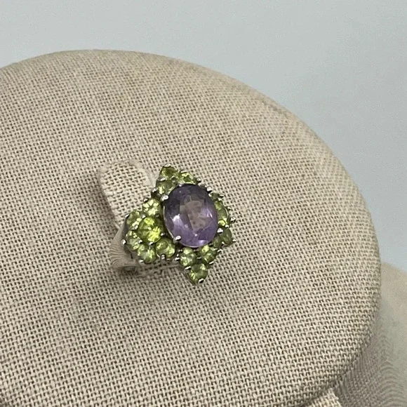 Vintage SETA Sterling Silver Amethyst & Peridot Cluster Ring Size 5 - Picture 3 of 16